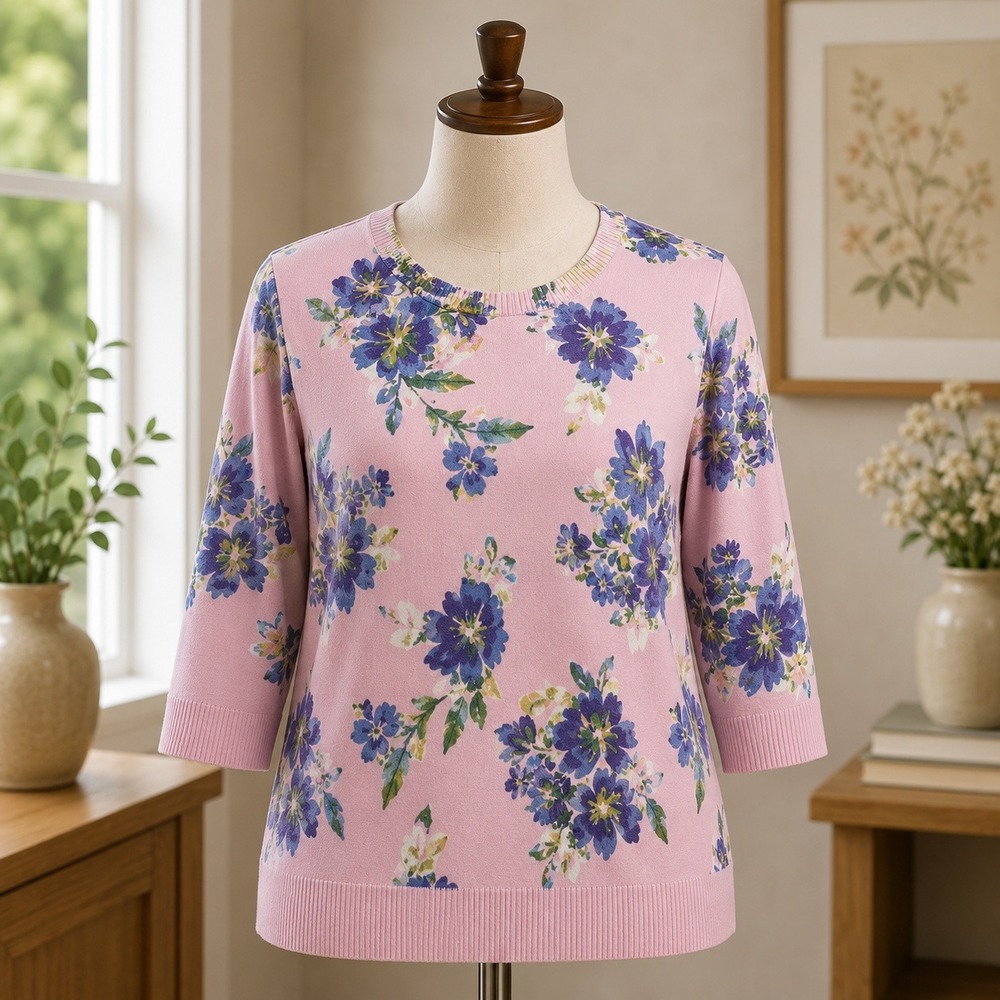 Denim & Co Pink Floral‎ Knit Sweater 3/4 Sleeve Crew Neck Womens Plus Size 2X